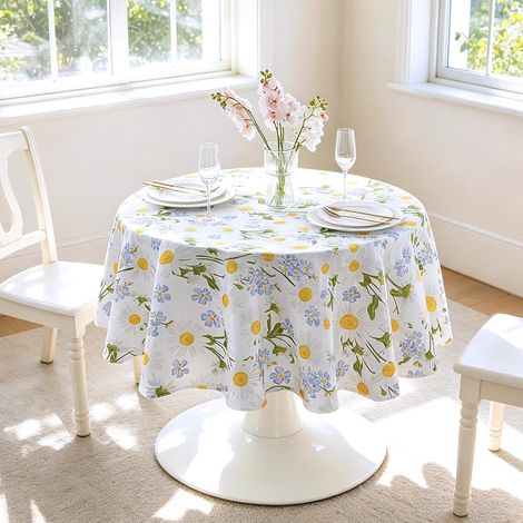 Nappe Ronde 150 cm Anti-Tâche Nappe Imperméable Exterieur avec Marguerite Blanche pour Table de Jardin, Pique-Nique, Anniversaire, Mariage, Table Basse (1/5)