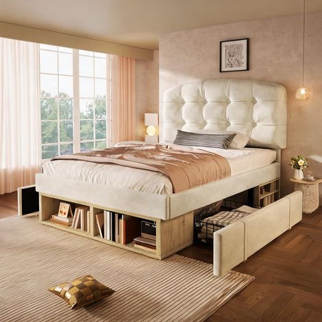 Cadre de lit beige en velours 207 x 101 x 120 cm (1/5)