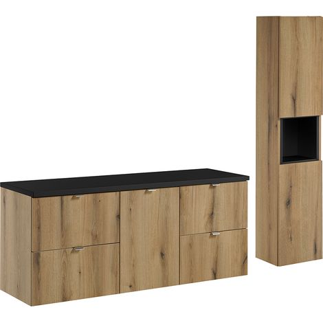 Badmöbel Set 2-teilig, 140cm Waschtischunterschrank, in Eiche und schwarz, NEWPORT-56-OAK (1/5)