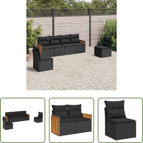 Gartensessel -  6-tlg. Garten-Sofagarnitur mit Kissen Schwarz Poly Rattan (1/5)