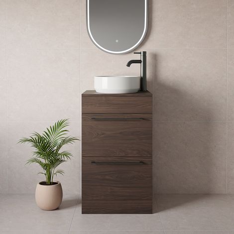Napoli 390 Brown Oak 500mm 2 Drawer Vanity Unit for Countertop Basins - 500mm - Gunmetal Grey 320mm Handle