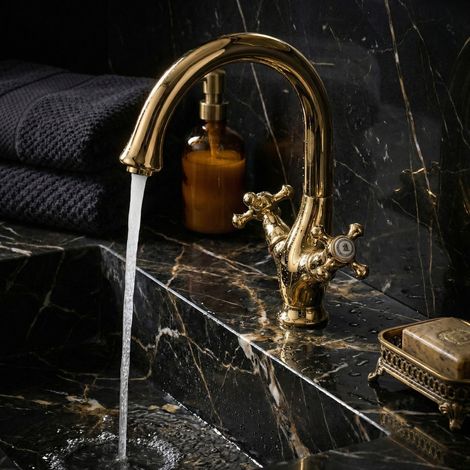 PaulGurkes Robinet de lavabo Robinet de cuisine Or Rétro Antique Mélangeur à deux poignées (1/5)