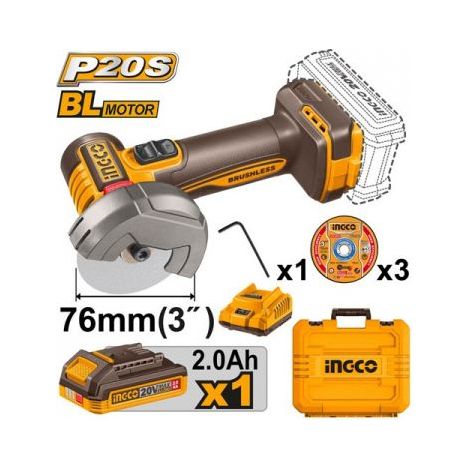 INGCO CAGLI207625E Mini Smerigliatrice Angolare 76MM 20V 2AH + 3 Dischi Abrasivi (1/2)