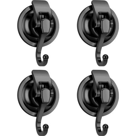 4 Suction Cup Hooks, Max Load 10kg, Waterproof Seamless Shower Hooks, Suction Cups for Towels, Bathroom, Kitchen, Window (Black) (1/5)