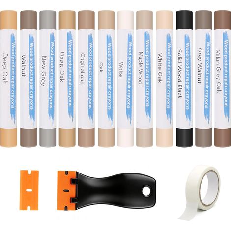 Kit de Réparation Parquet et Carrelage 12 Couleurs, Cire à Bois pour Rebouchage Rayures, Fissures sur Stratifié, Bois, PVC, Meubles, Plan de Travail Cuisine avec Spatule et Ruban de Masquage (1/5)