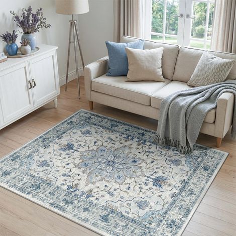Vintage Tapis de Salon 120x180 cm Lavable Bleu/Gris Tapis Salon, Tapis Chambre, Lavable en Machine, Vintage, Boho, Rétro, Antidérapant, Cuisine, Salle à Manger, Douce, OEKO (1/5)