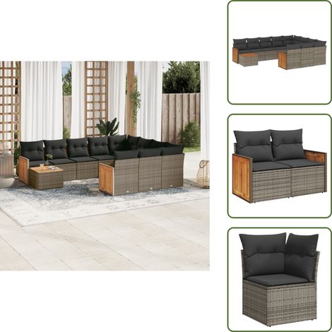The Living Store Salon de jardin 11 pcs avec coussins gris résine tressée - Ensemble Salon De Jardin - Meuble Extérieur - Salon De Jardin Pliable - Set De Salon De Jardin - Fauteuil De Jardin (1/5)