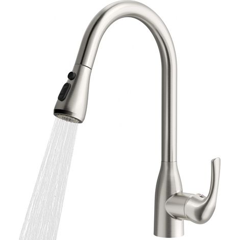 Mitigeur de cuisine extractible 40cm – Bec haut pivotant 360° – Finition nickel brossé – Douchette rétractable double fonction (1/5)
