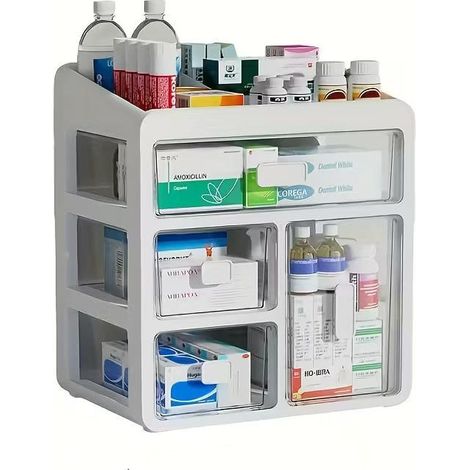 Weißer Medikamenten-Organizer mit 3 Fächern und transparenten Schubladen – Geräumiger Stauraum für Zuhause, Büro oder Arztpraxis – Robustes Kunststoffdesign, für Vitamine und Zubehör (1/4)