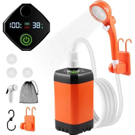 Kit Douche de Camping Rechargeable, Pompe de Douche Portable avec Affichage de Température et de Puissance, Batterie 6000 mAh, Pression d'eau Réglable pour Camping, Lavage de Voiture (1/5)