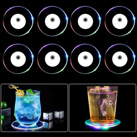LED-Untersetzer, 8er-Set runde, farbenfrohe LED-Untersetzer für Getränke, Ein-/Ausschalter – wasserfeste Acryl-Untersetzer, für Partys, Hochzeiten, Bars, Weihnachten (1/5)