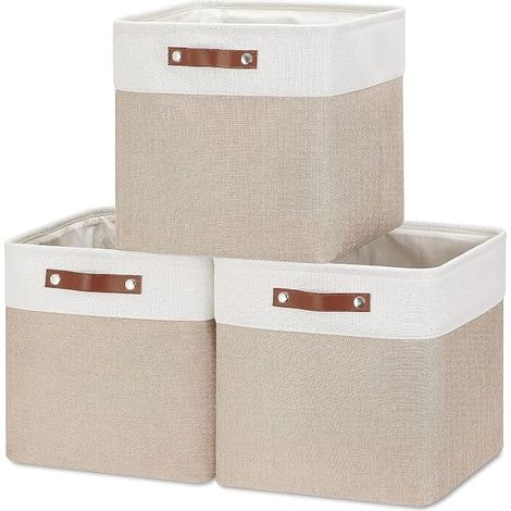 Mangata boîtes de rangement pliables en cube en lin tissé avec poignées en cuir, 30 cm (Kaki clair et blanc)