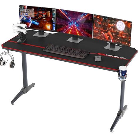 Ergonomic Gaming Office PC, with Integral Mouse Pad, Cup Holder, Headphone Hook and Cord Management 140 x 65 x 75 cm, Black (1/5)
