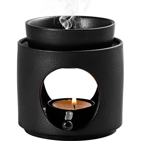Lampe parfumée en céramique avec photophore - Lampe aromatique - Diffuseur d'huile et de cire - Réchaud pour huiles essentielles - Bol amovible (noir) (1/5)