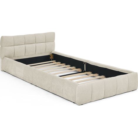 Lit simple 90200 cm, lit enfant avec revêtement en chenille soyeuse et douce, design matelassé carré, en bois d’eucalyptus écologique et cadre en fer robuste, montage facile, beige (sans matelas) (1/5)