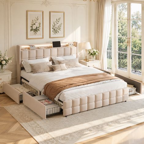 Lit double adulte 180 x 200 avec 4 tiroirs - Bande lumineuse LED - Tête de lit rembourrée avec espace de rangement - Prises électriques et ports USB - Lin Beige (1/5)