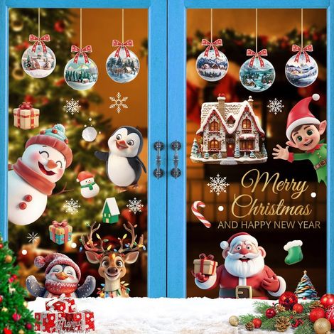 Stickers Noël Fenêtre, Decoration Noel Interieur Maison Autocollant Pere Noel Fenetre Amovible pour Magasin Vitre Vitrine Porte, Grand Coloré Autocollants Hiver Flocon de Neige Sticker (1/5)
