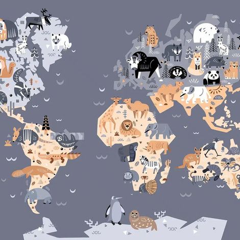 papier peint panoramique carte du monde pour enfants gris foncé et beige - Sanders & Sanders (1/5)