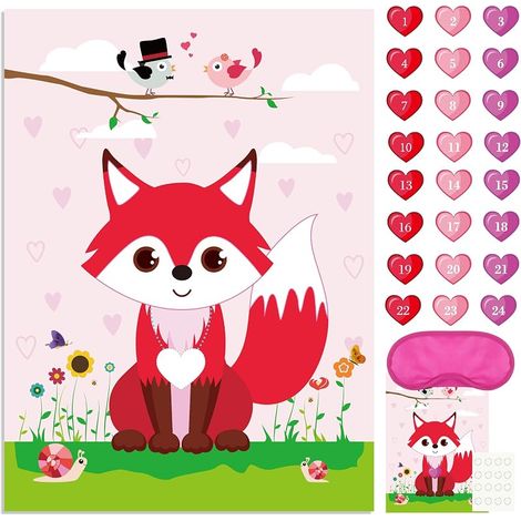FEPITO Spiel „Klebe ein Herz auf einen Fuchs“ zum Valentinstag, mit 24 herzförmigen Aufklebern, ideal für Kindergeburtstage. (1/5)