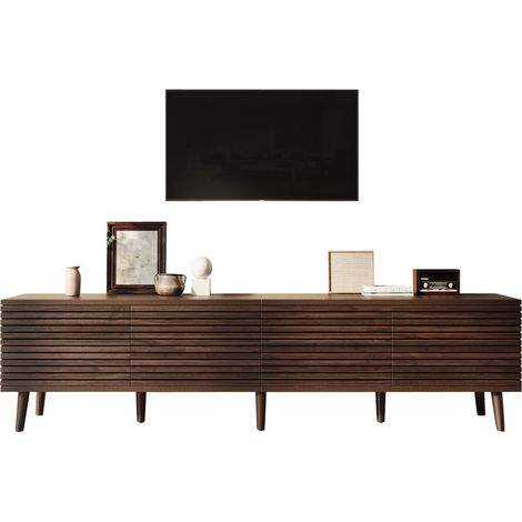 Meuble TV pour téléviseur jusqu’à 75 pouces, 180 cm, avec 4 portes à lamelles, 6 compartiments, passe-câbles et 8 pieds hauts, finition bois foncé – CHICFURN (1/5)