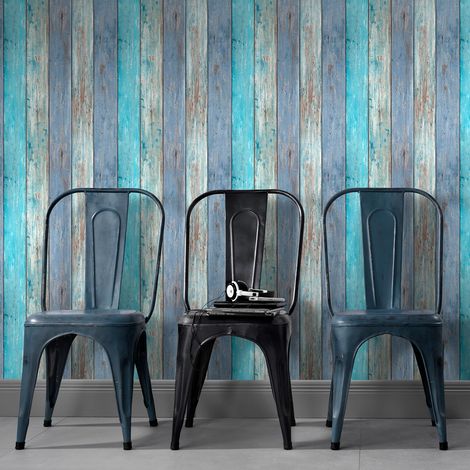 Papier peint imitation bois salle de bain | Tapisserie imitation bois bleu & grise pour couloir | Papier peint tendance bois usé salon (1/3)