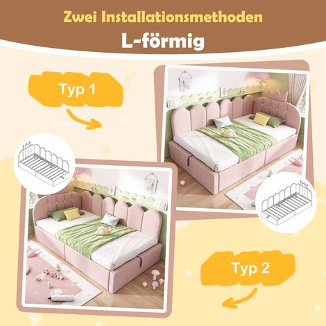 Lit de jour hydraulique 90x190 cm rose sans matelas,forme en L en velours avec motif couronne discret.