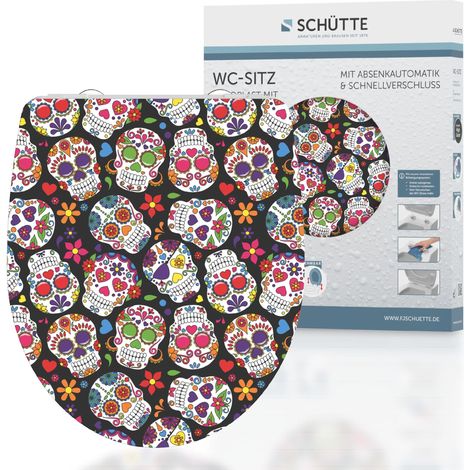 SCH�TTE WC-Sitz aus Duroplast mit Absenkautomatik und Schnellverschluss Toilettendeckel mit Motiv Klodeckel Totenk�pfe La Catrina 82586