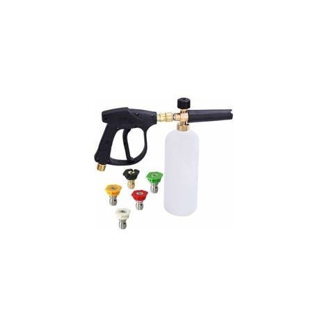 Pistola a schiuma ad alta pressione, lancia per schiuma da neve regolabile da 1 litro con attacco rapido da 1/4", flacone dispenser di sapone con 5 ugelli e pistola lancia schiuma per autolavaggio (1/4)