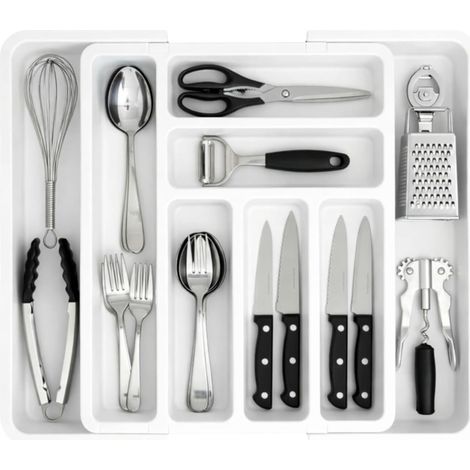 Range Couverts pour Tiroir, Plateau d'Ustensiles Extensible, Rangement Cuisine, avec 6 à 8 Compartiments, Sans BPA, Ustensiles de Cuisine, Ajustable (Blanc) (1/5)