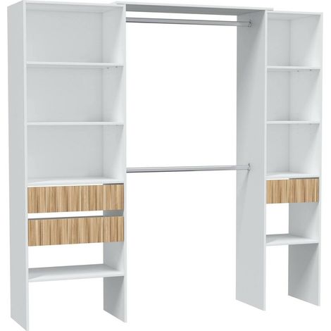Dmora - Kleiderschrank Worland, Schlafzimmermöbel, Kleiderbügel mit Regalen und 3 Schubladen, 196 x 40 x 187 cm, Weiß und Eiche (1/5)