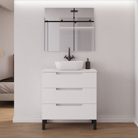 Meuble de salle de bain 70cm avec plateau et vasque à poser arrondie - 3 tiroirs - blanc mat - RIZA (1/5)