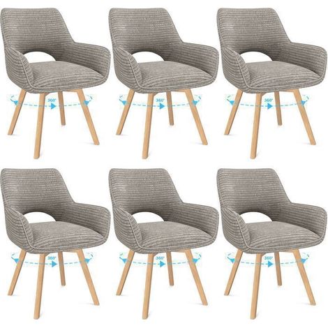 Lot de 6 chaises de salle à manger pivotantes – Accoudoirs – Rembourrées en velours taupe – Structure métal et bois massif – Hauteur d’assise 49 cm