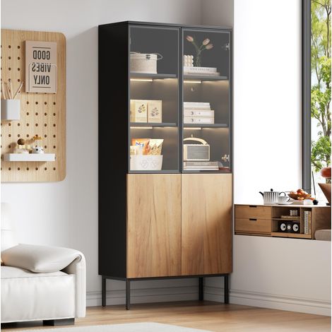 Glasvitrine 180 cm mit LED, 4 Türen, 4 Regale, schwarz und Eiche HAVRYA (1/5)