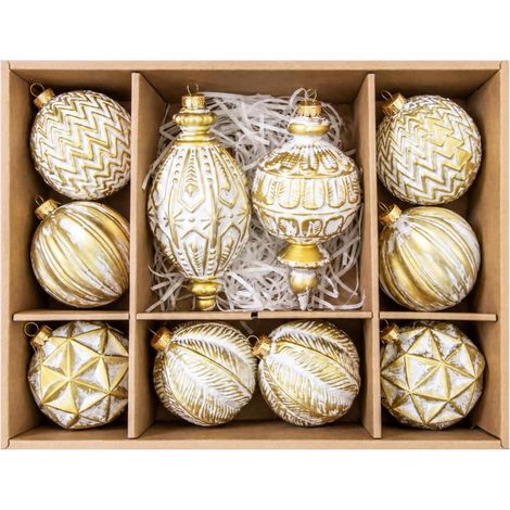10 Pieces Vintage Christmas Ornaments with Textured Embossed Surface, Hanging Christmas Ornaments, Metallic String Ornaments, Families, Gold (1/5)