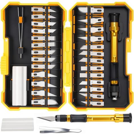 Set di 29 coltelli di precisione, set di bisturi, set di coltelli artigianali, 1 coltello piccolo + 26 lame + 1 punzone + 1 smerigliatrice per unghie + 1 pietra abrasiva, fai da te