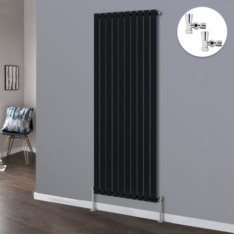 Flat Panel Design Radiator Bathroom Central Heating Radiators Black with Angled Manual Pair of Valves 1800 x 680mm Vertical Single