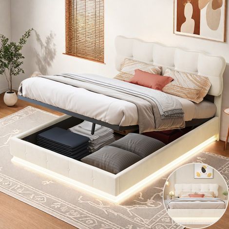 Lit double 140x200 cm avec LED, Lit coffre avec grand espace rangement hydraulique, Lit adulte rembourré avec Sommier, Cadre de Lit moderne, Velours, Beige (1/5)