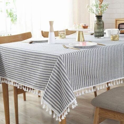 Streifen-Quasten-Tischdecke aus Baumwolle und Leinen, schmutzabweisend/(Rechteck, 55 x 71 Zoll, Blau) Wasser- und staubdichte Tischdecke für die Esszimmertischdekoration