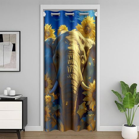Rideau de Porte Éléphant Rideau Occultant 132x203 pour Enfants Adultes Tournesol Esthétique Rideaux Porte Sauvage Jungle Animal Imprimé Rideaux de Placard Jaune Pays Floral - 132L X 203H cm (1 Panneau (1/5)