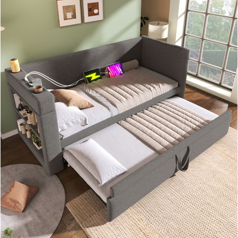 Lit banquette rembourré 90x190 cm gris, coton et lin, avec lit gigogne, USB/Type-C, porte-gobelets et étagères (1/5)