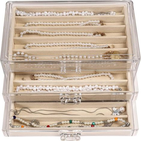 CLUQMEIK - Caja organizadora de collar con tapa transparente, soporte de terciopelo a prueba de polvo, vitrina de almacenamiento de acrílico apilable para mujeres y niñas (beige, 3 cajones) (1/5)