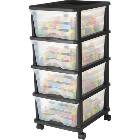 Chariot de rangement à 4 tiroirs en plastique, tour de rangement à roulettes, organiseur mobile à 4 niveaux, bac transparent pour fournitures de bureau, salles de bricolage et salles de classe (1/5)