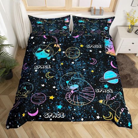 Bettwäsche-Set 220x240cm mit Katzen & Weltraum-Motiv für Kinder