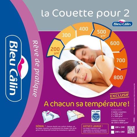 Couette adaptable 220x240 cm – Chaleur modulable 4 saisons – Garnissage 100% polyester respirant – Lavable en machine à 40° – Bleu Calin