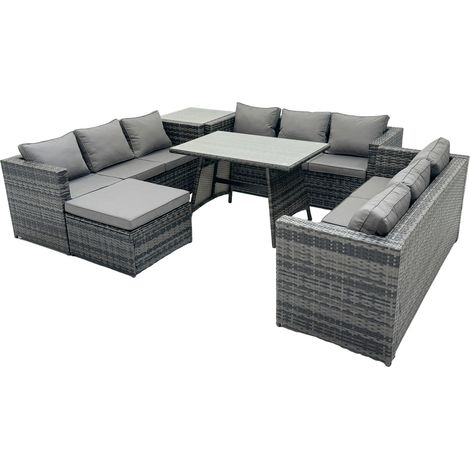 Fimous Rattan Gartenmöbel Lounge Sofa Set mit Rechteckiger Esstisch Couchtisch und 2 Großer Hockern (1/4)