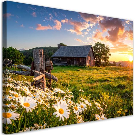 Quadro su tela, Paesaggio rurale con una casa di legno al tramonto. - 30x20 (1/2)