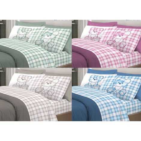 Completo Lenzuola Linea Pensieri Delicati 100% Cotone Orsetto Tartan Primavera, misuraMatrimonialecoloreVerde (1/5)