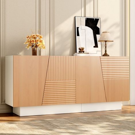 Buffet avec 4 portes 160x40,5x72 cm - Design géométrique rainuré - Étagères réglables - MDF - Couleur naturelle (1/5)