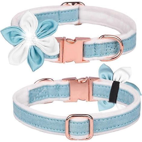 Prinz Katzen- und Hundehalsband mit Blumenschleife, funkelndem blau-weißem Kristall, Größe S, elegantes Haustierhalsband für Katzen und kleine Hunde.
