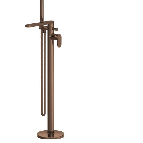 Modern Freestanding Round Bath Shower Mixer Tap with Fluted Lever Handle and Kit - Brushed Bronze (1/4)